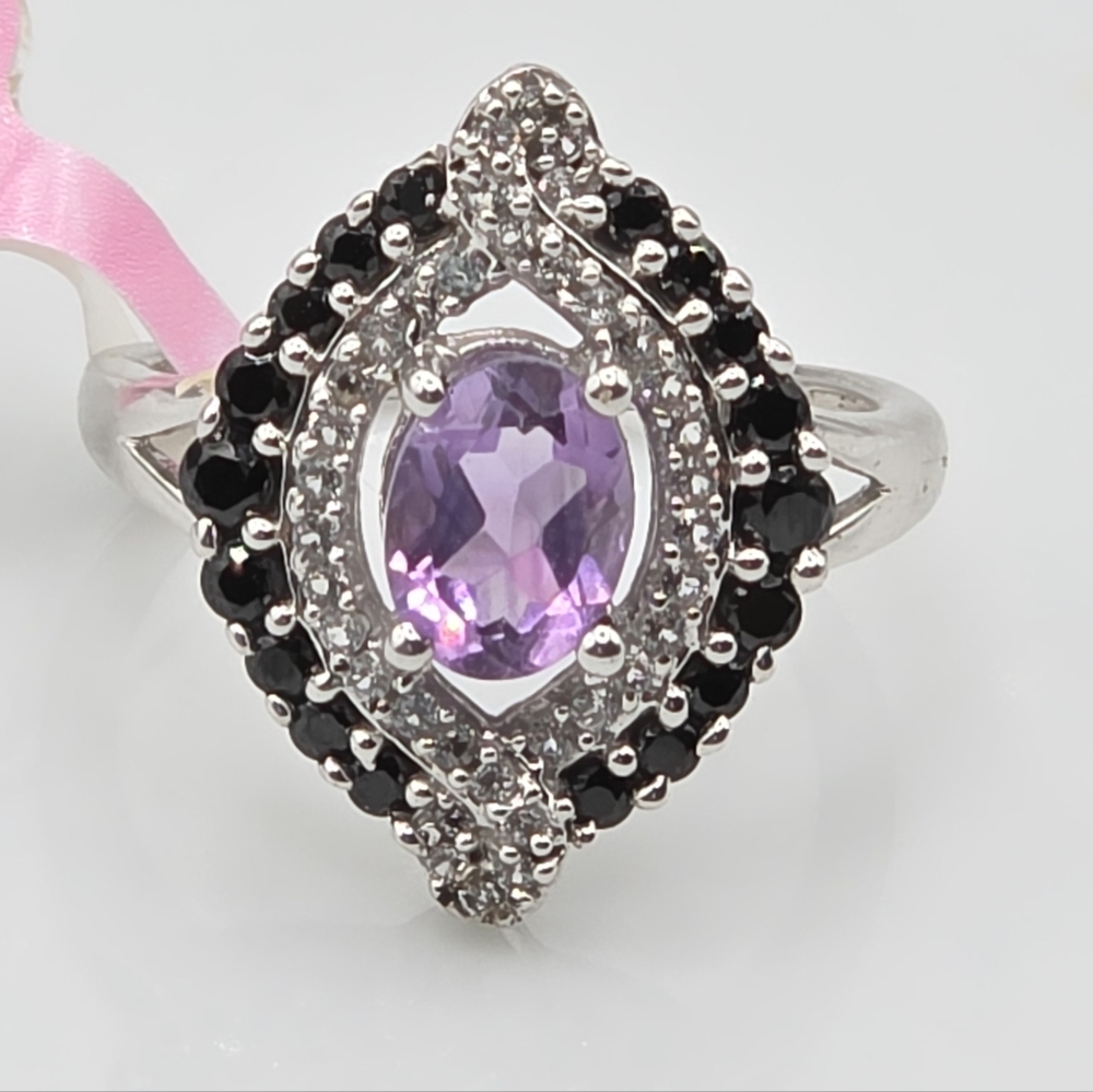 NWOT Designer Signed Genuine Amethyst White Topaz And Black Tourmaline Ring